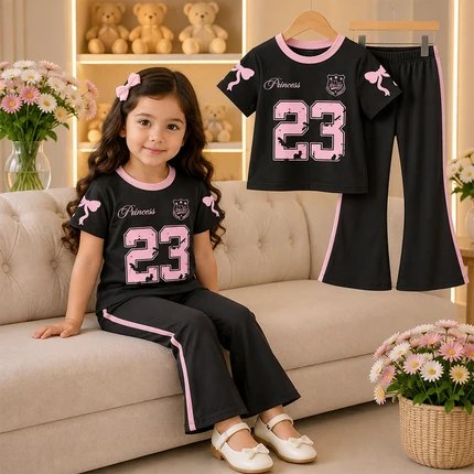 Girls Black & Pink β23β Printed T-Shirt & Full Pants (3M -12yrs )