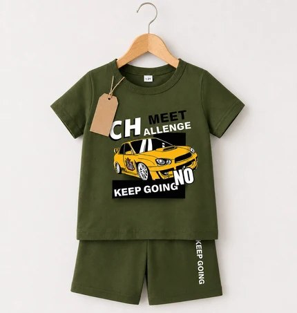 Kids Olive Green Car Print T-Shirt & Shorts Set (3mths-6yrs)
