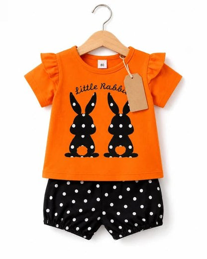 Kids Orange Little Rabbit Top & Polka Dot Shorts Set (3mths-6yrs)