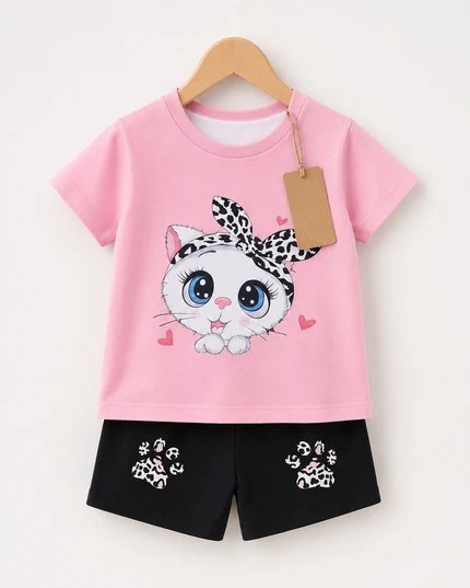 Pink Kitty T-Shirt & Black Shorts Set (3mths-6yrs)
