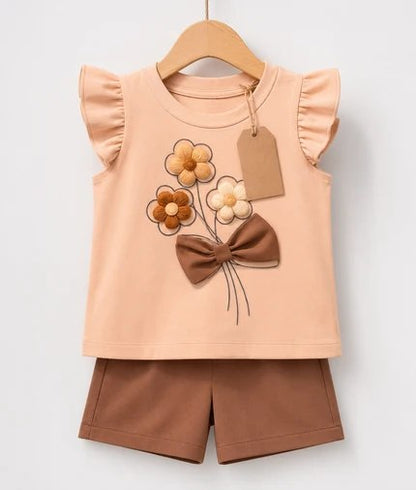 Peach Flower Bow Top & Brown Shorts Set(3mths-6yrs)