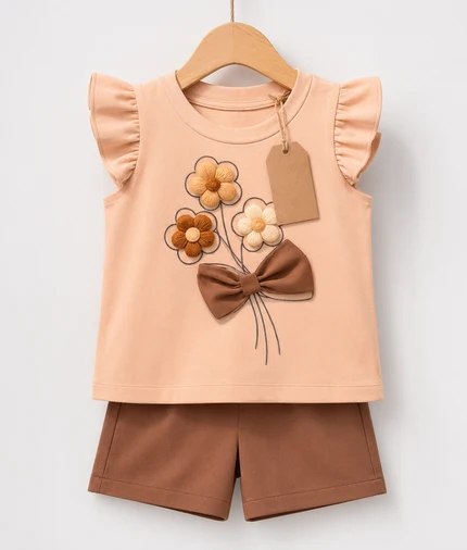 Peach Flower Bow Top & Brown Shorts Set(3mths-6yrs)