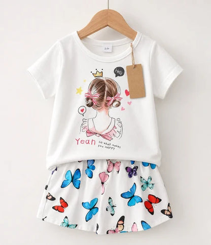 White Girl Print Top & Butterfly Shorts Set (3mths-6yrs)