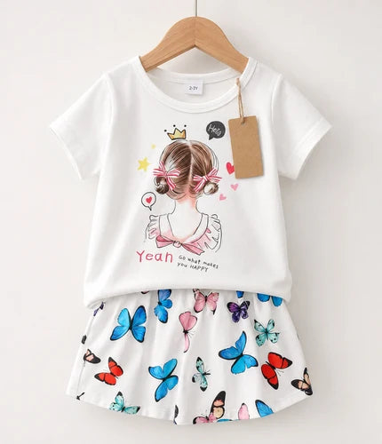 White Girl Print Top & Butterfly Shorts Set (3mths-6yrs)