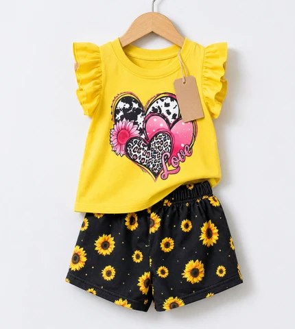 Yellow Heart Love Top & Sunflower Shorts Set (3mths-6yrs)