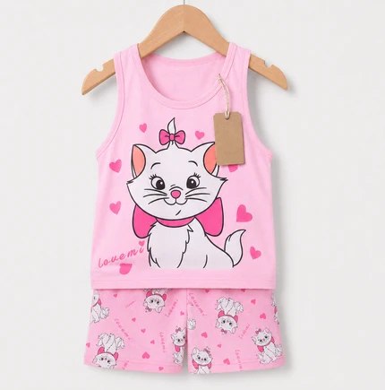 Pink Kitty Love Sleeveless 2pcs Printed T-shirt Set (3mths-6yrs)
