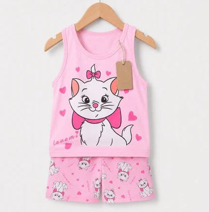 Pink Kitty Love Sleeveless 2pcs Printed T-shirt Set (3mths-6yrs)