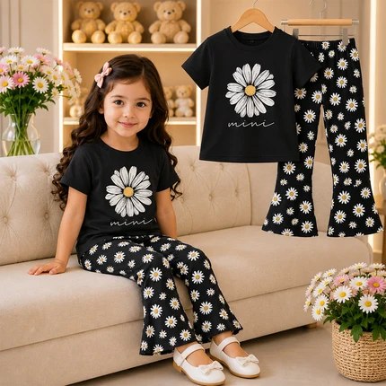 Girls sunflower Printed White T-Shirt & Full Pants Set (3M -12yrs )