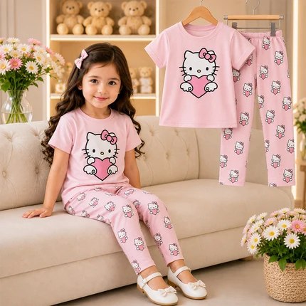 Girls cat Printed White T-Shirt & Full Pants Set(3M -12yrs )