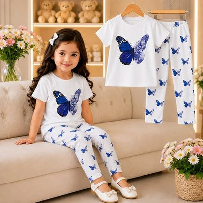 Girls Blue Butterfly Printed White T-Shirt & Full Pants Set (3M -12yrs )