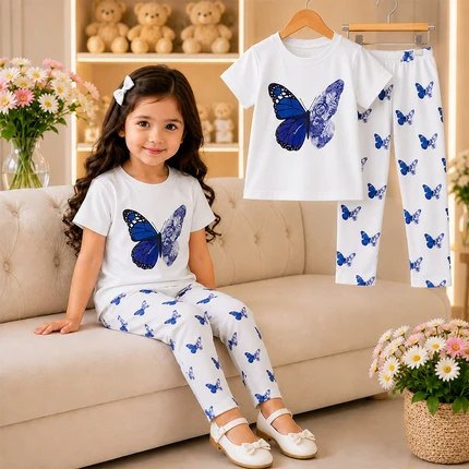 Girls Blue Butterfly Printed White T-Shirt & Full Pants Set (3M -12yrs )