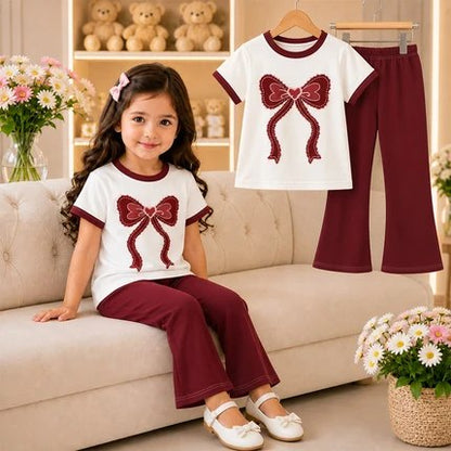 Girls Bow Printed White T-Shirt & Red Full Pant (3M -12yrs )