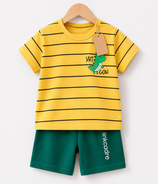 Yellow Dino Stripe T-Shirt & Green 2pcs Printed T-shirt Set (3mths-6yrs)