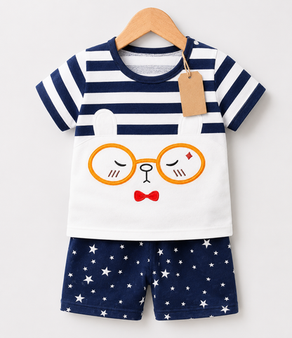 Navy Stripe Bear Face 2pcs Printed T-shirt Set (3mths-6yrs)