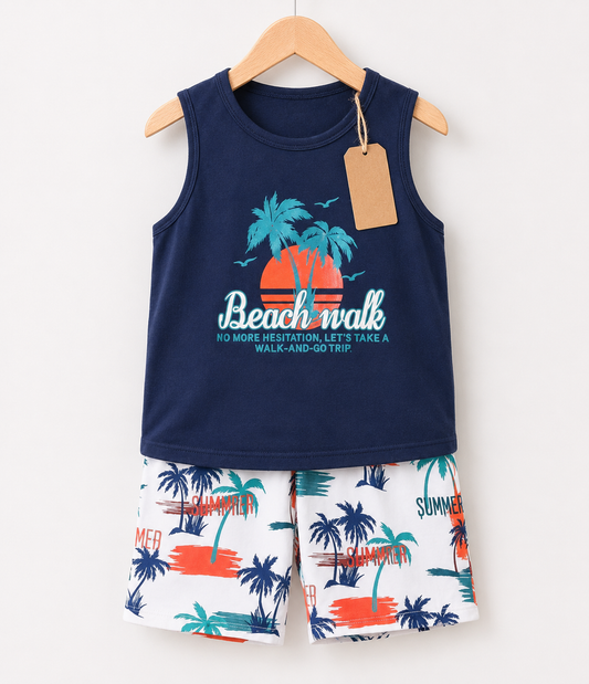 Navy Beach Walk Sleeveless 2pcs Printed T-shirt Set(3mths-6yrs)