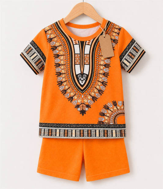 Orange Pattern T-Shirt & Shorts Set(3mths-6yrs)