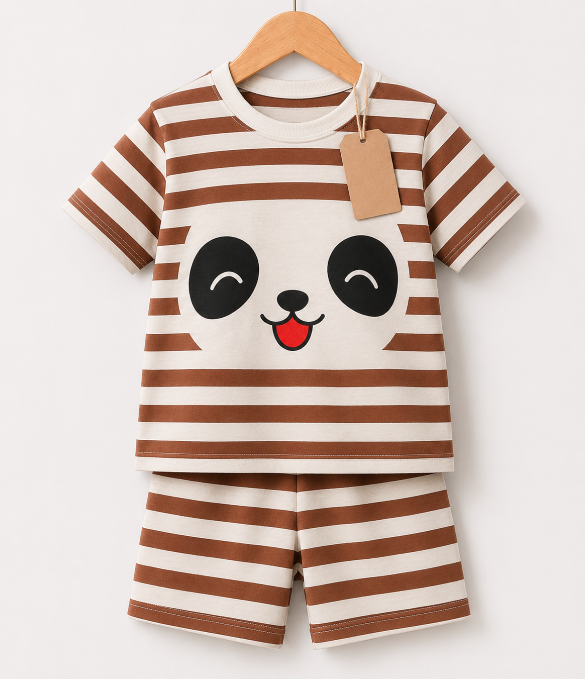 Brown Stripe Panda Face 2pcs Printed T-shirt Set (3mths-6yrs)